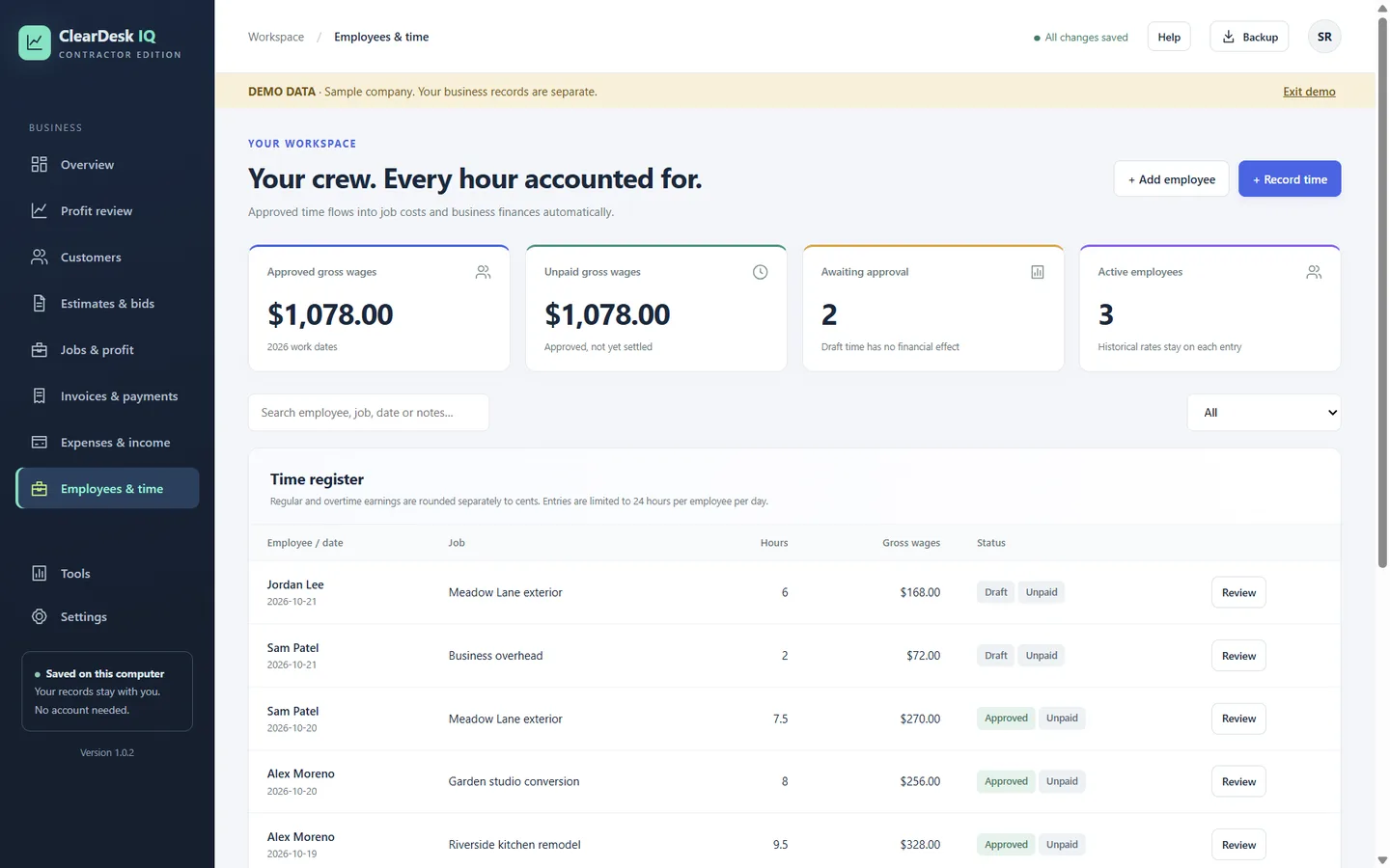 Employees and time screen with approved wages, time awaiting approval and the time register