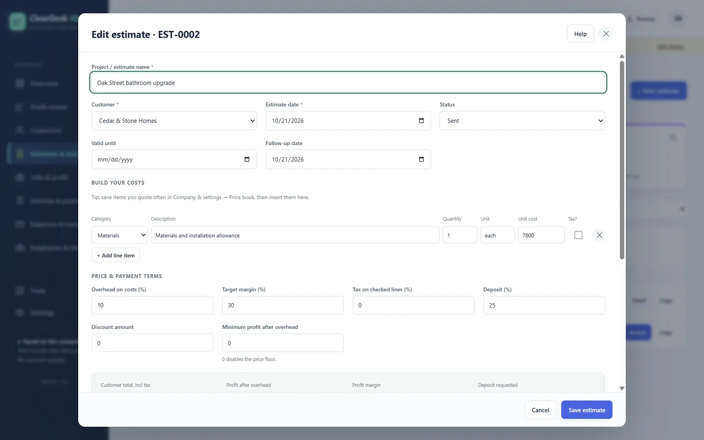 Estimate editor with line items, overhead, target margin, tax, deposit and discount fields