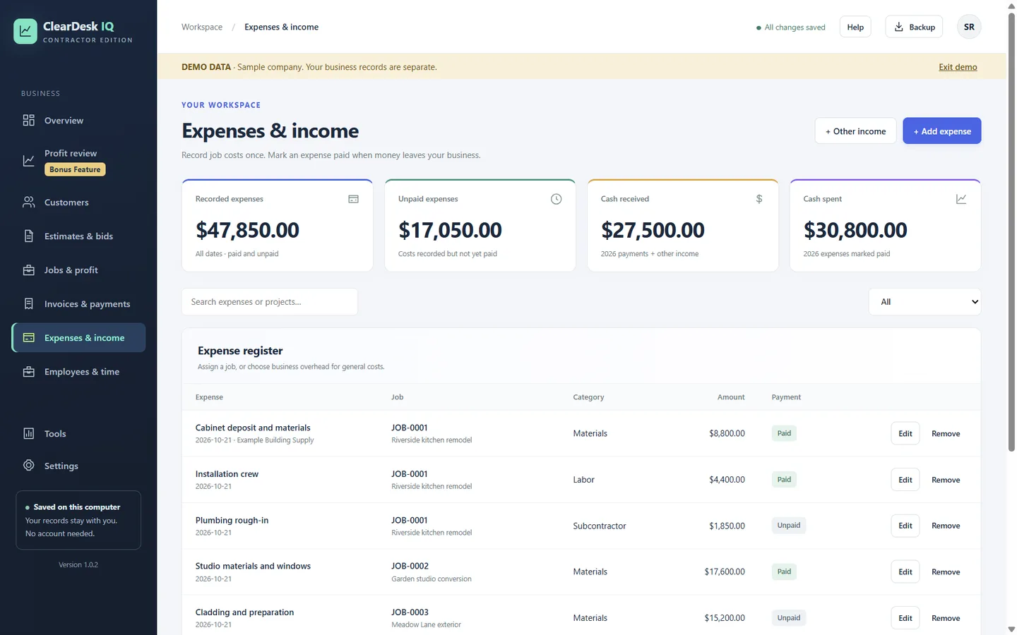 Expense register with jobs, categories, amounts and paid or unpaid status