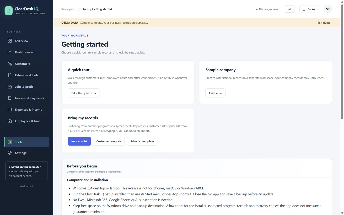 Getting started screen with the quick tour, sample company and Bring my records import