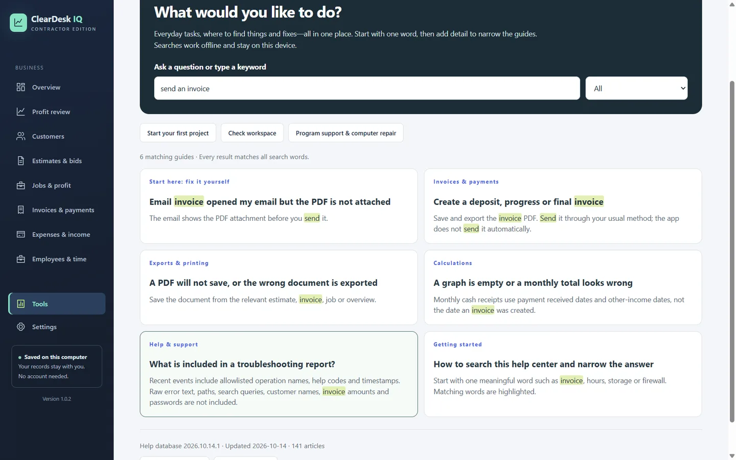 In-app help center searching for send an invoice, showing six matching guides