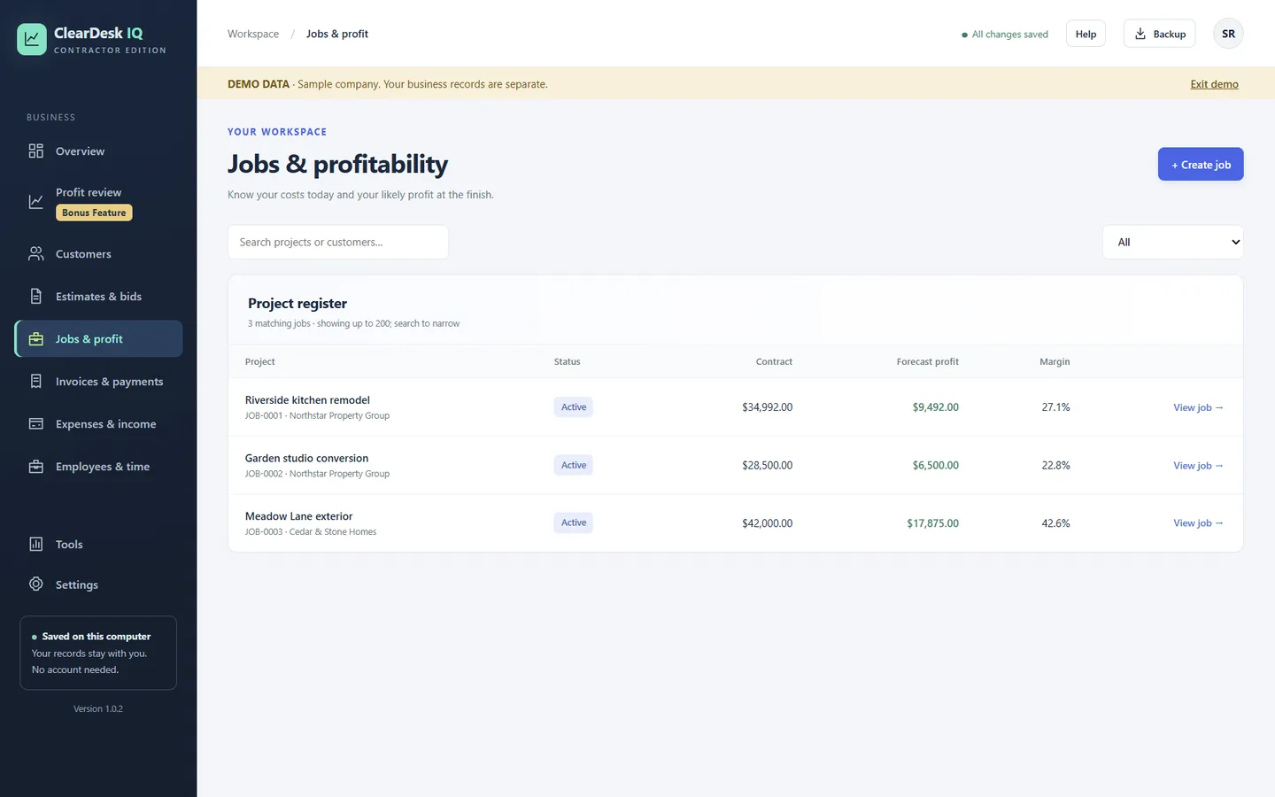 Project register listing jobs with contract, forecast profit and margin